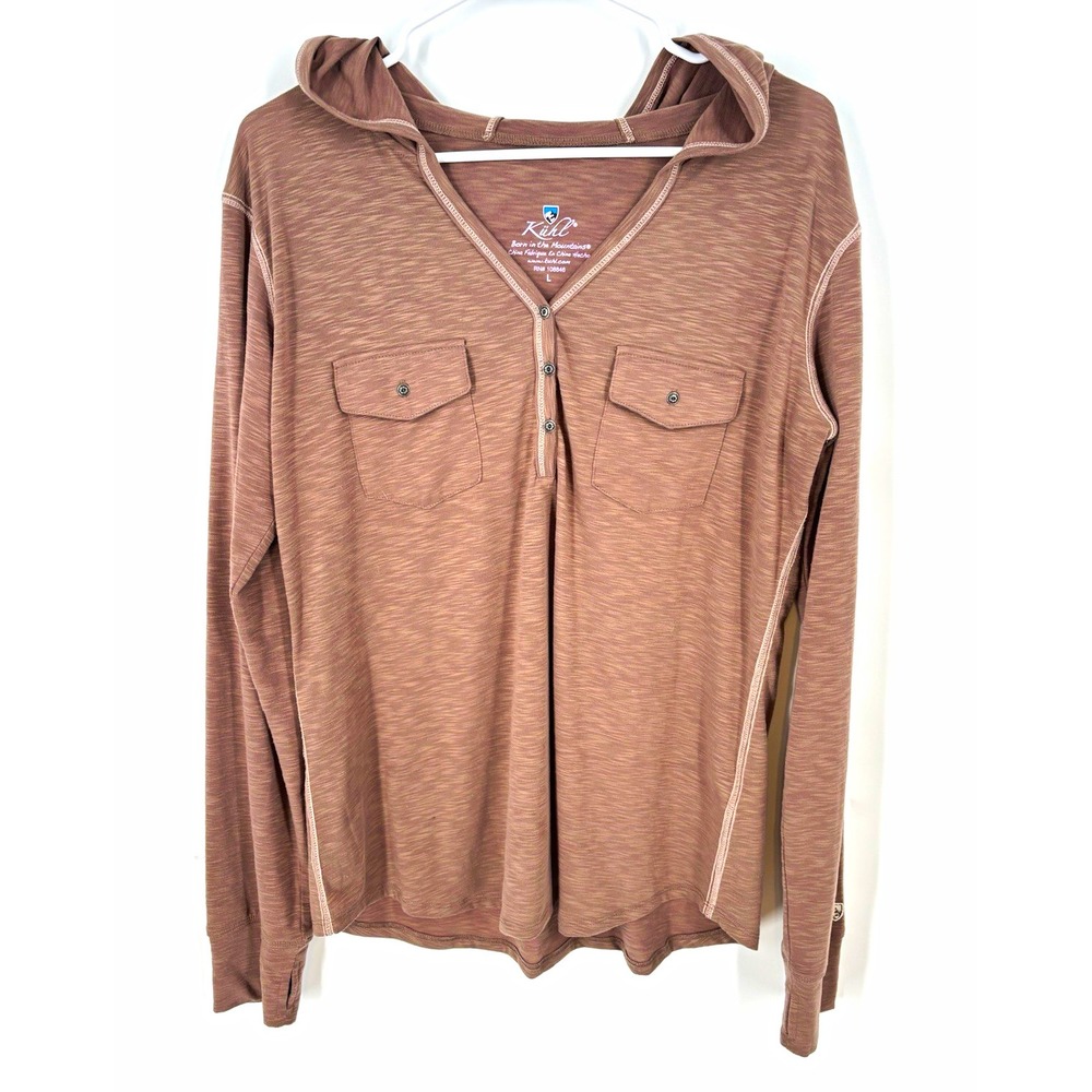 KÜHL Womens Sora Henley Dolman Lightweight Hoodie Top Sz L Hiking Layer Granola